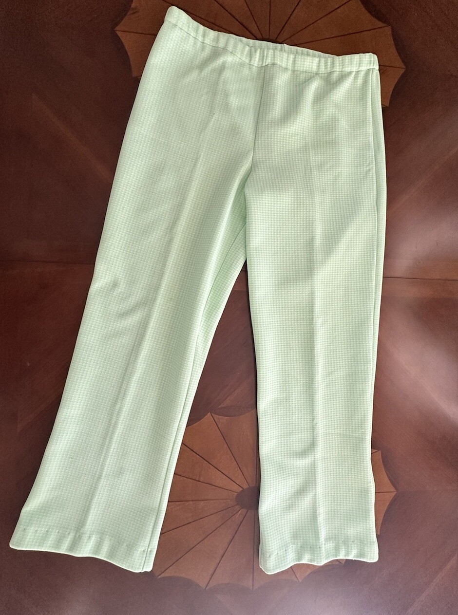 Green Plaid Polyester Pants 31×28 Lightweight Elastic Waist Vtg 70’s