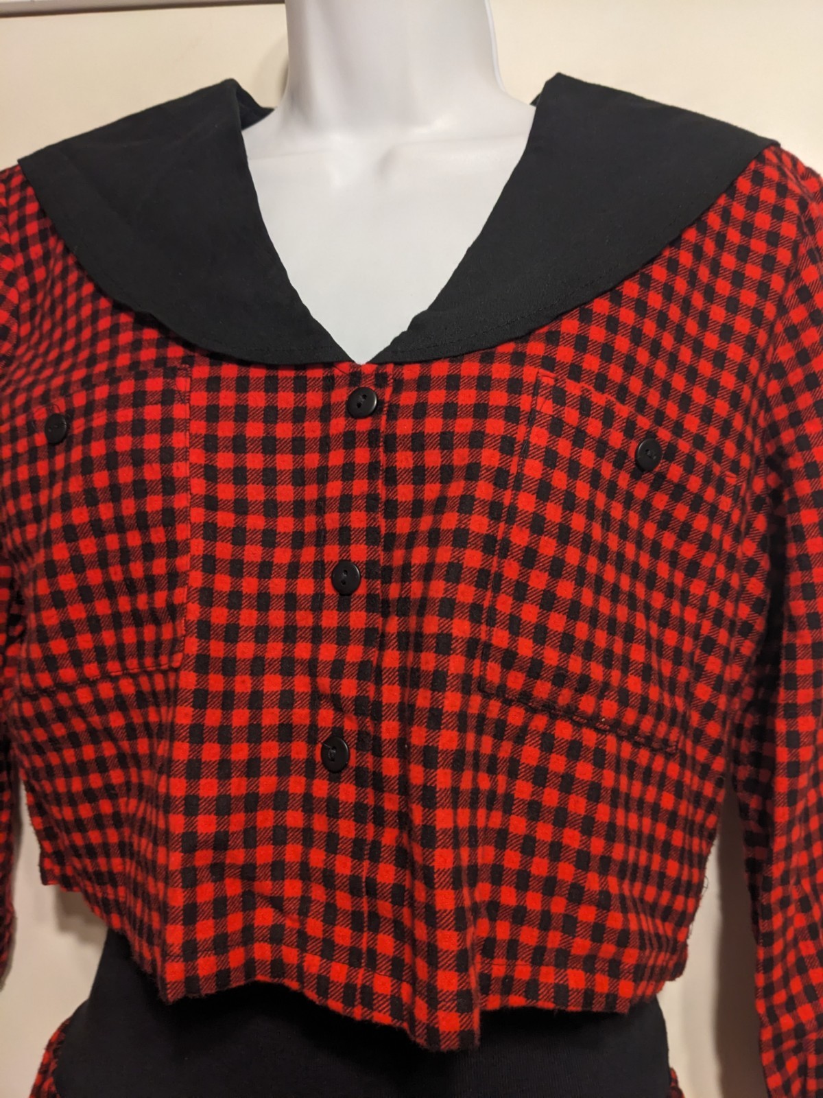 Vintage 80s red black plaid jumper dress drop waist You too Babes USA shirt 90s