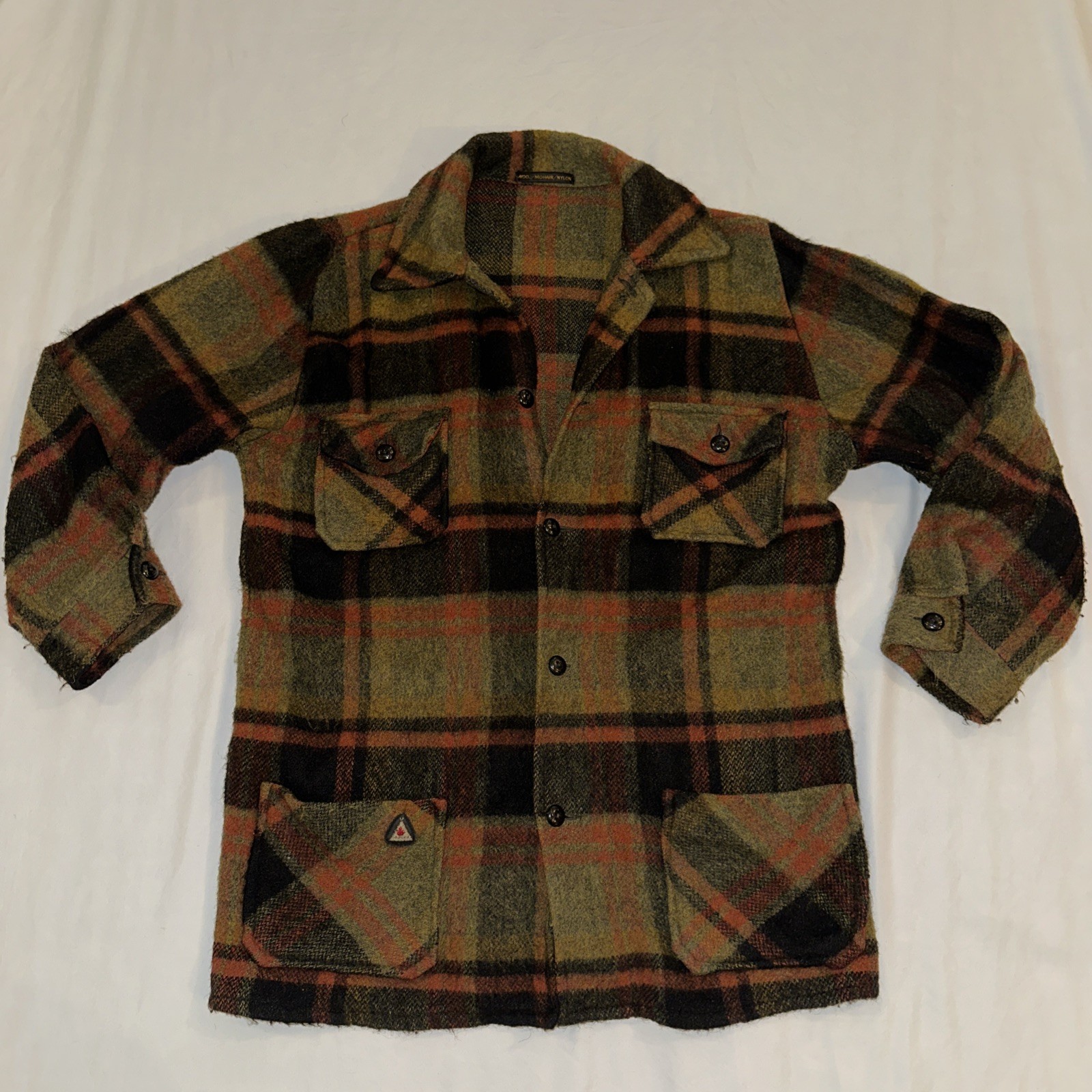 Vintage Wool Mohair Nylon Plaid Canadian Camper Coat Bell Shirt Men’s 54” Chest