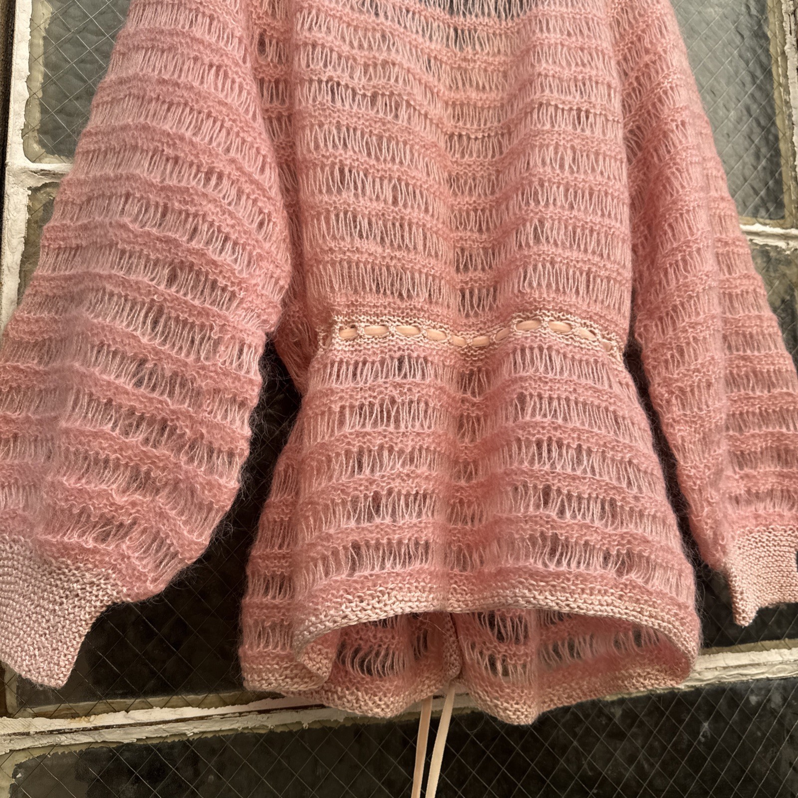 Vintage 1930s Pink Mohair Knit Wool Sweater Cardigan Balloon Sleeves Dress Top