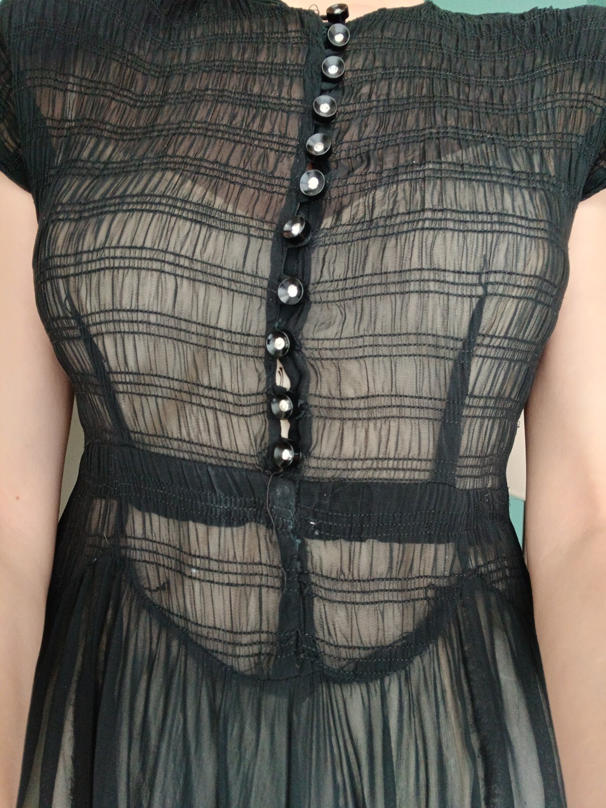 1940 XS Smocked Sheer Dress Black Rhinestone Buttons Princess Waist Shoulder Pad