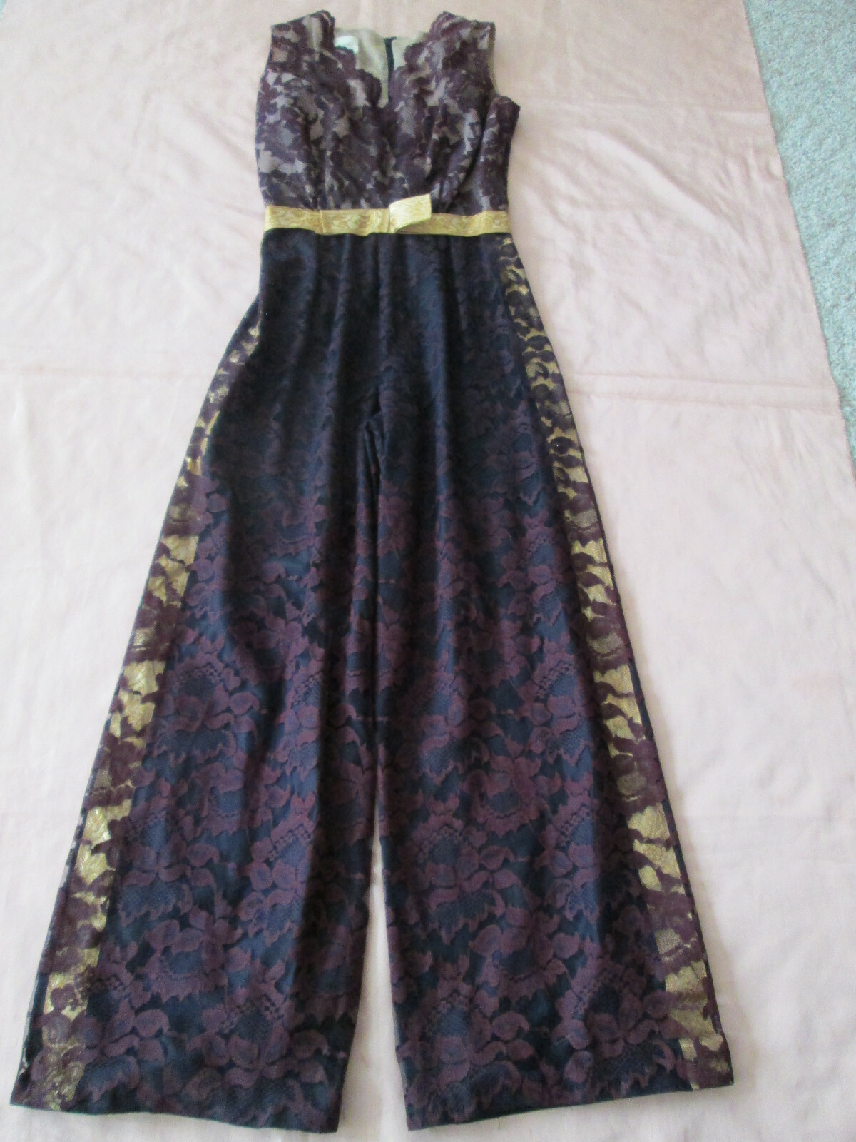 Vintage JUMPSUIT Black Lace METALLIC GOLD Shimmer detailing Melinda of Calif