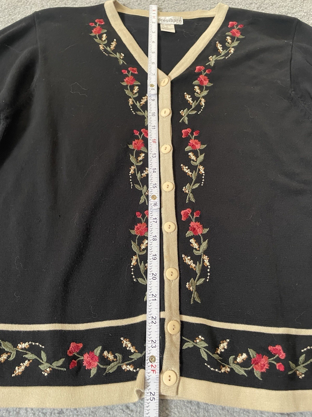 Vtg 70s Dressbarn Button Up Cardigan Sz L Black Red Floral Embroidery Hong Kong