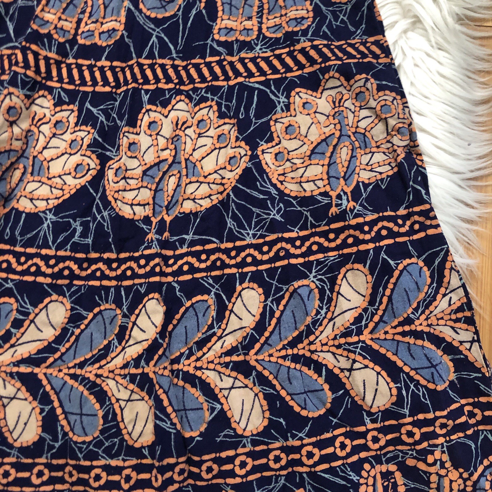Vintage Tribal Animal Floral Novelty Prints Sleeveless Navy Orange Maxi Dress L