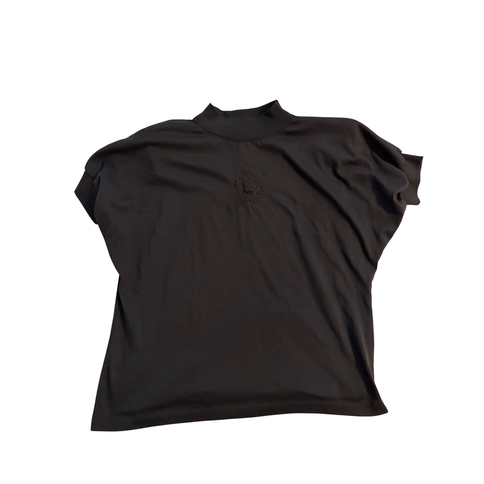 Skylite Top Vintage Academic Black Embroidered Crest Mock Neck Oversized L