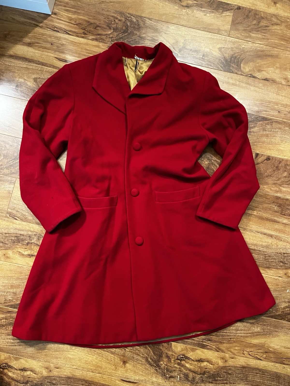 VTG Ladies Cherry Red Cashmere and Wool Blend Coat, Asymmetrical Collar