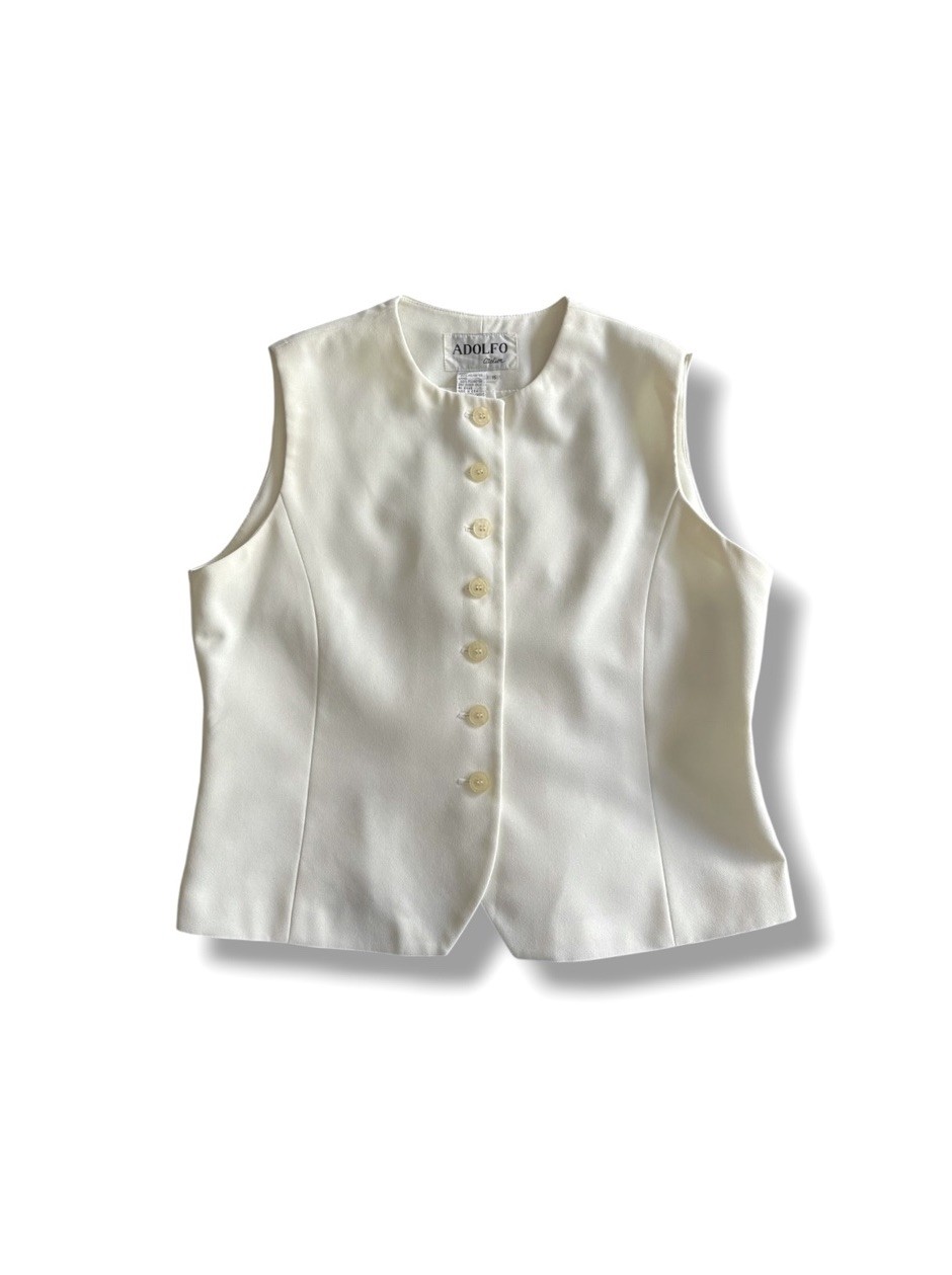Vintage 90s White Button Up Vest Top 16 Adolfo Atelier Minimalist Summer Blouse