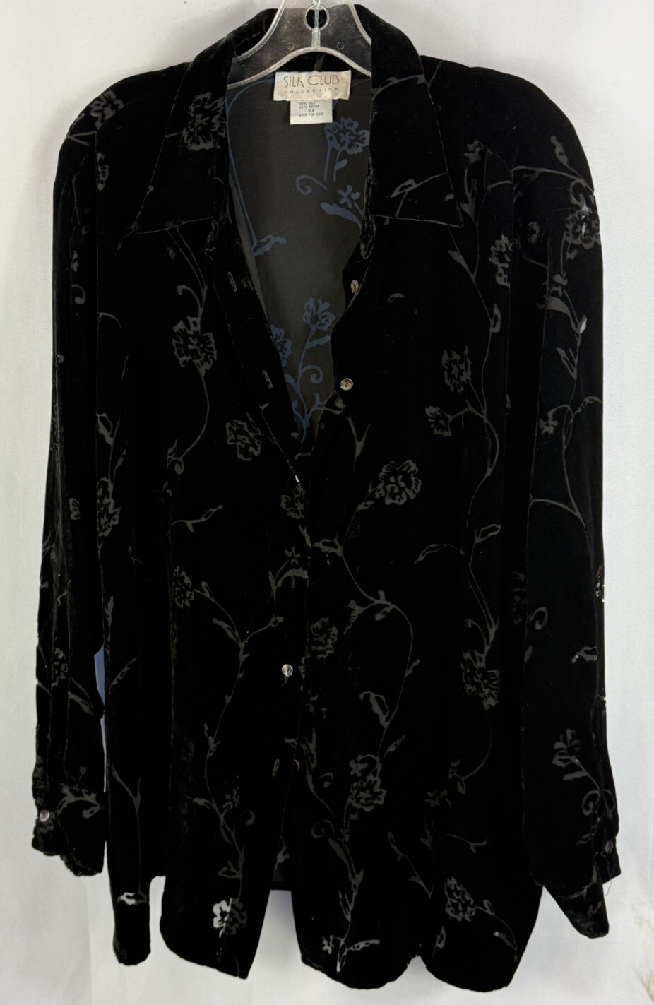 Vintage 90s Silk Club black floral rayon silk black shirt size 2X