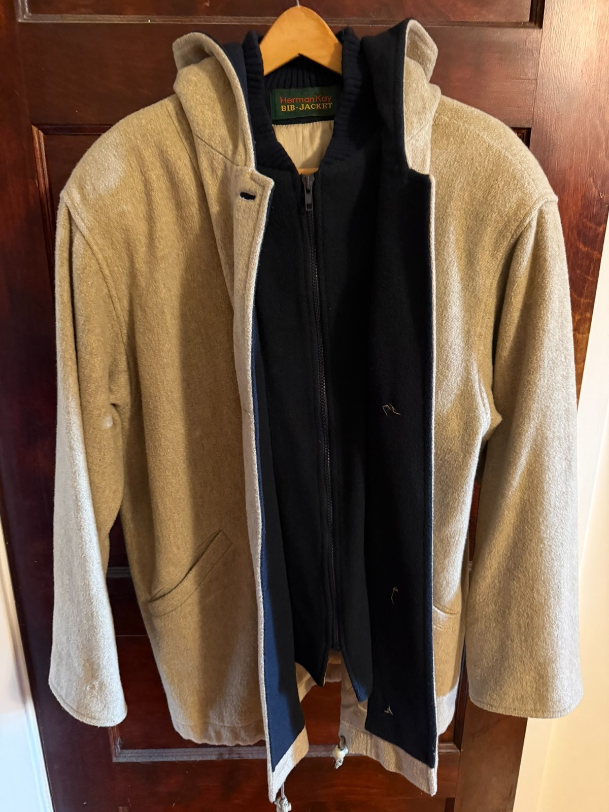 Vintage Herman Kay Original Bib-Jacket Hooded Toggle Coat Oatmeal Beige 80s 90s