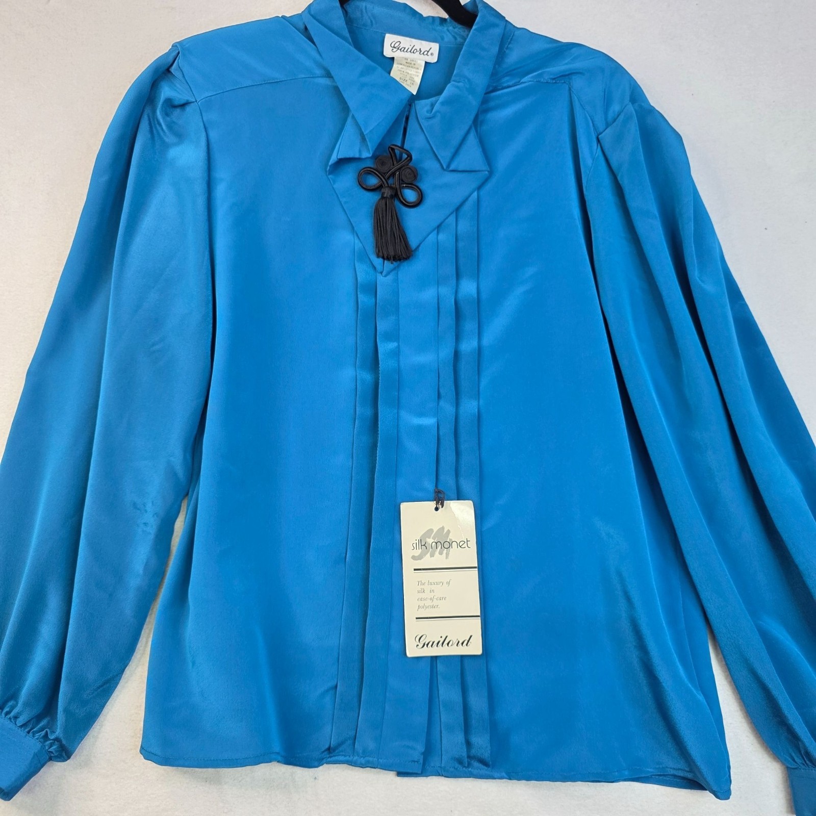 Vintage 80s Gailord Pleated Blouse Sze 16 Blue Silky Feminine Romantic Victorian