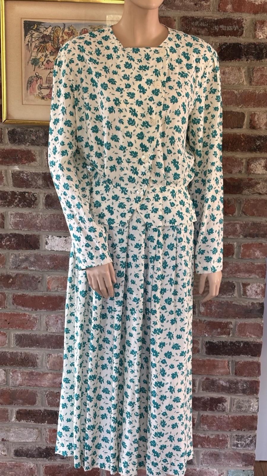 80’s green & white floral matching top and midi skirt