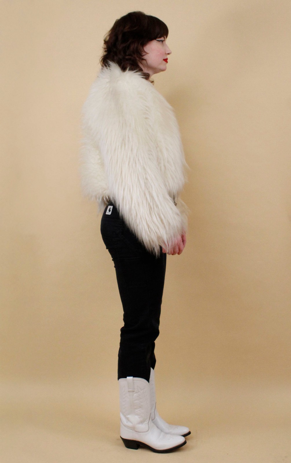 60s 70s Vtg Shaggy Faux Fur White Zip Up Crop Jacket Coat Mod Rocker Glam B34″