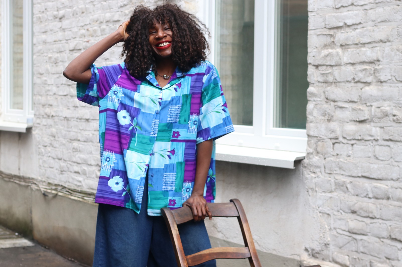 Vintage Blouse Abstract Pattern Blue Purple 90s Oversized Short Sleeve Shirt L