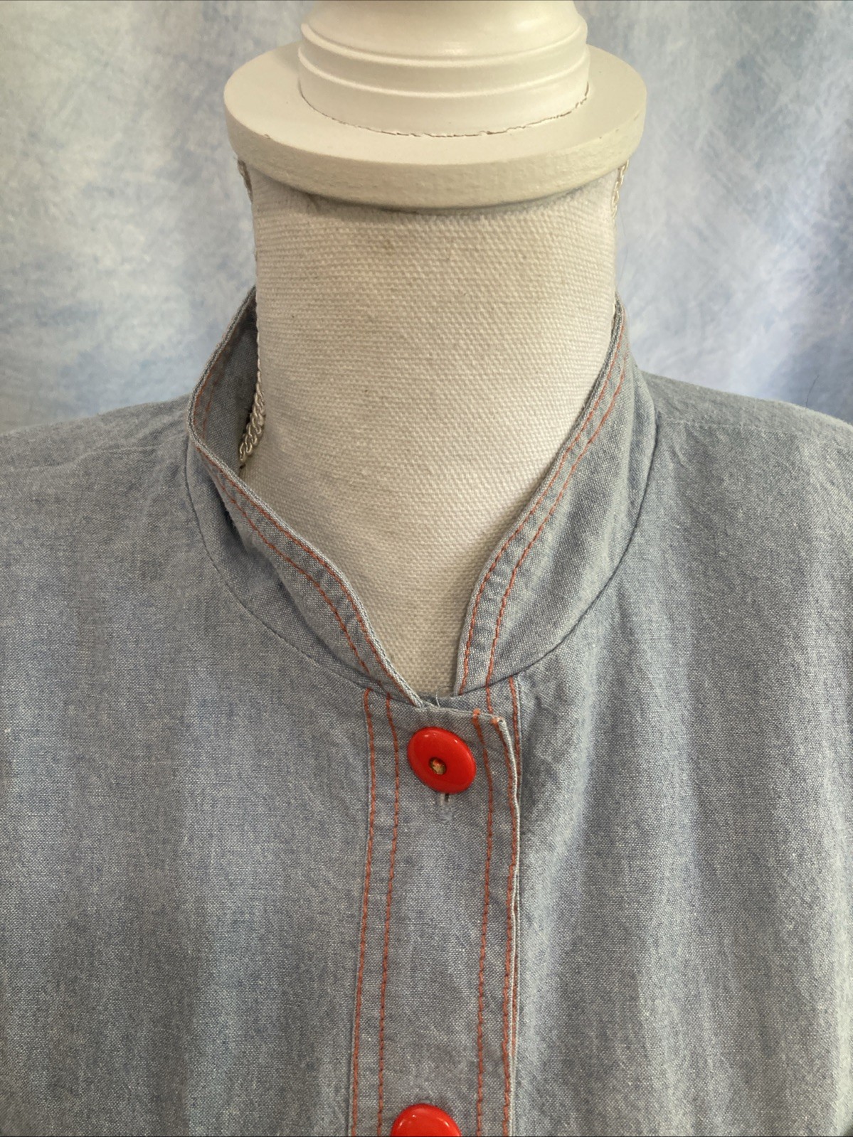 Vtg 80s Utility Blouse Midi Skirt Set Red Contrast Chambray Safari Separates 10