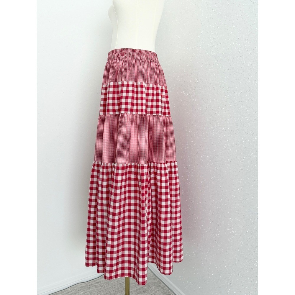 Vtg Red Gingham Plaid Patchwork Tiered Maxi Skirt Cottagecore Prairie Boho (S-L)
