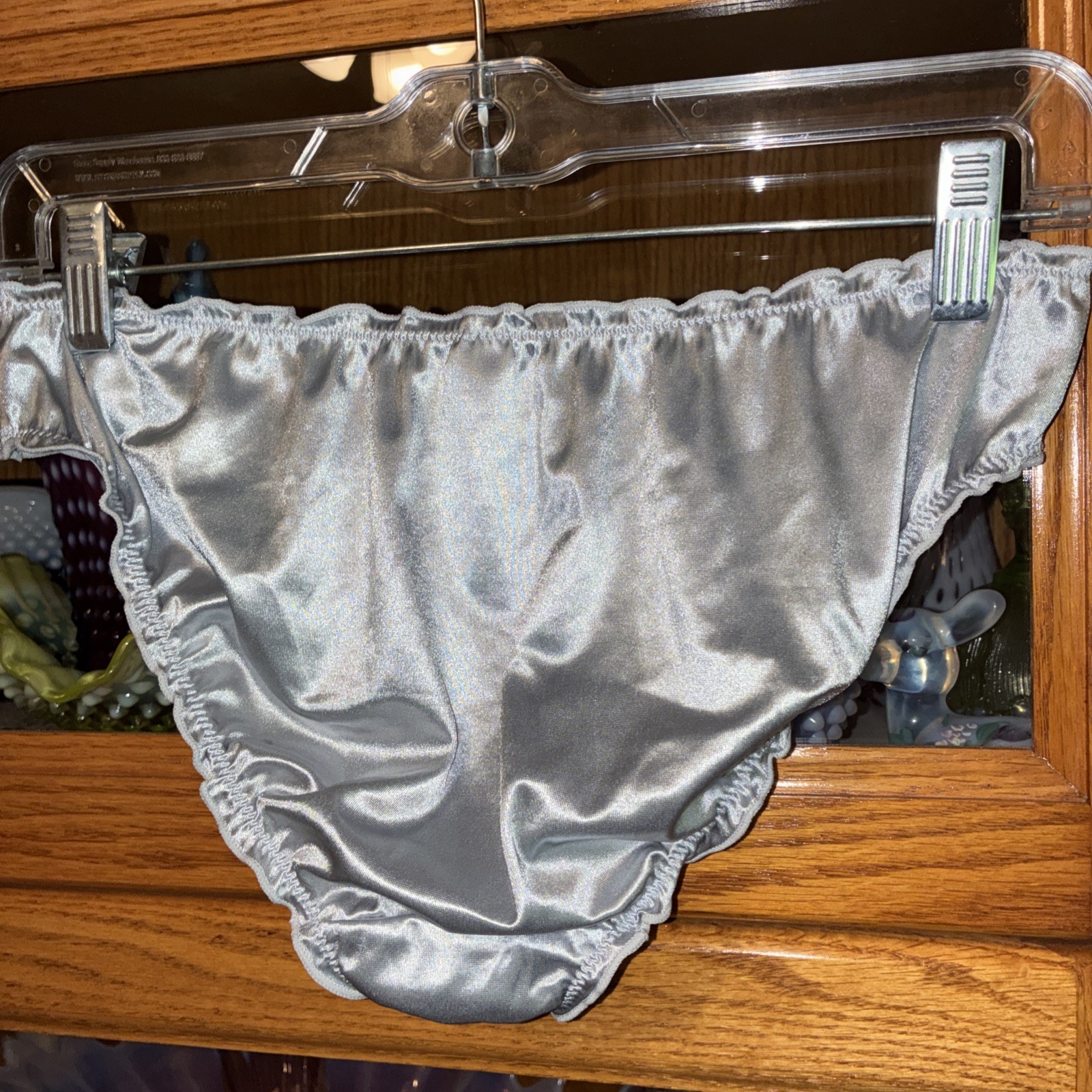 Vintage XL Bikini High Cut Panties Shiny Glossy Silver Polymide Panty Ruffled