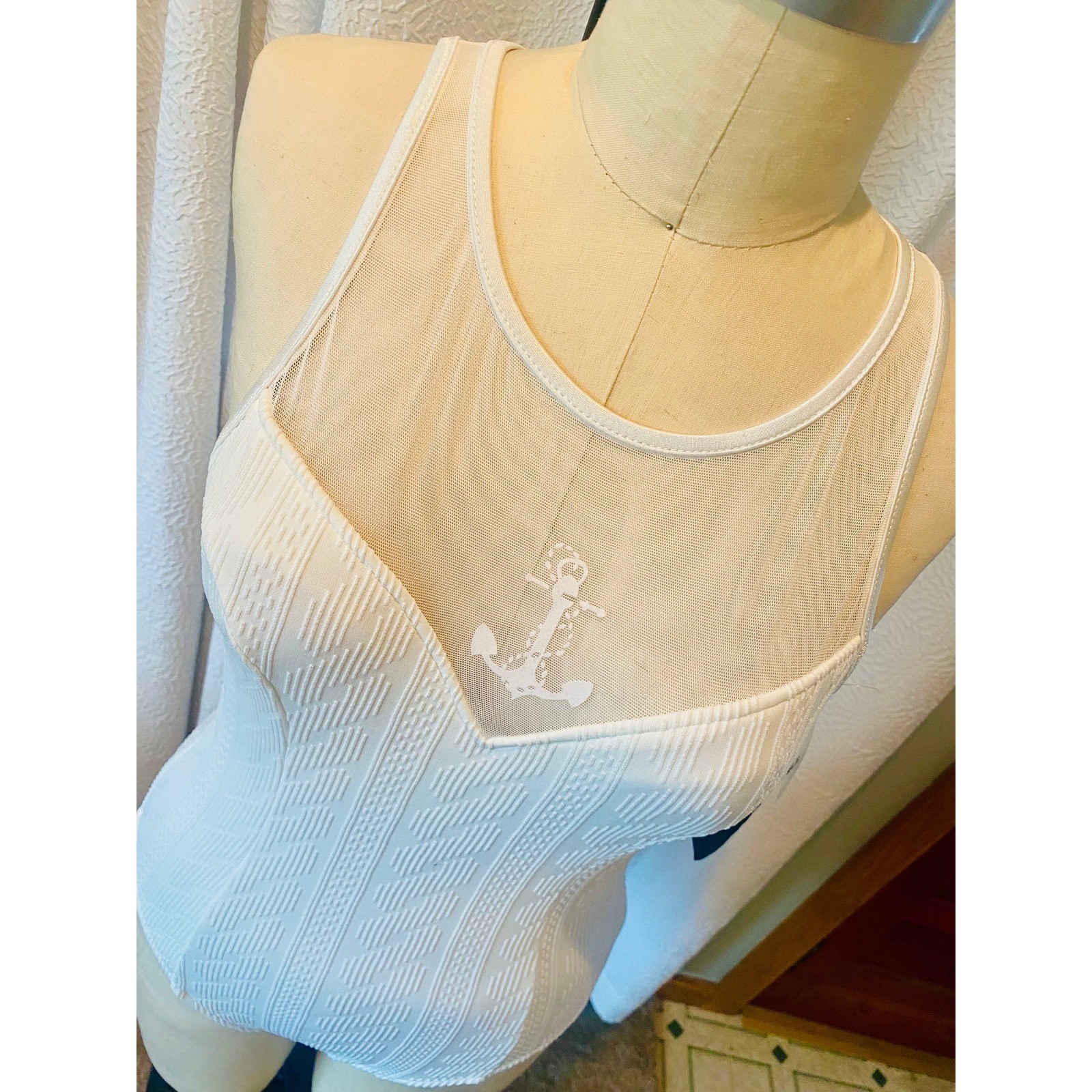 Vintage Jantzen Cable Knit White One Piece Mesh Window Swimsuit, Size 10