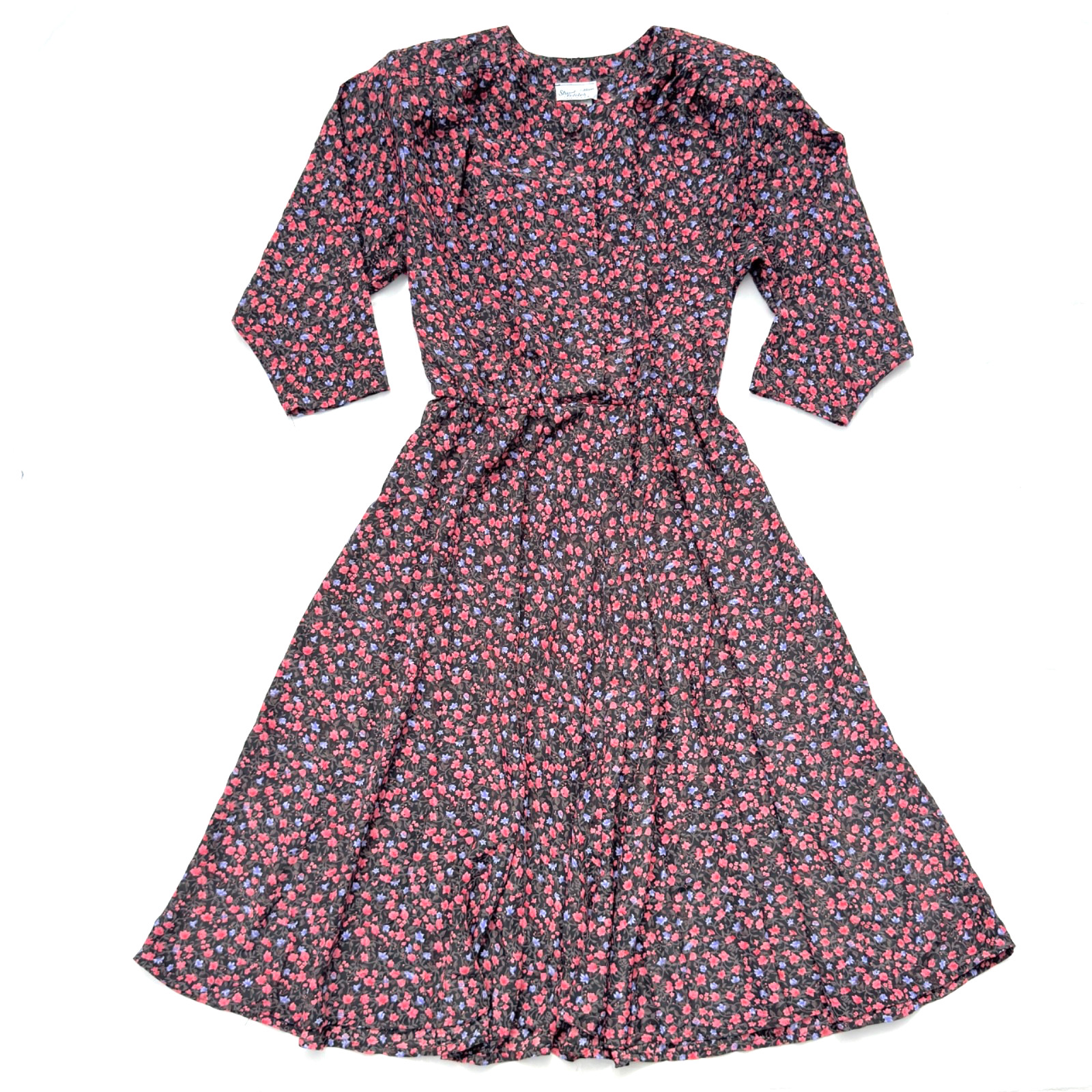 Vintage 80s Stuart Alan Petites Multicolor Floral Vines Retro Prairie Dress 10P