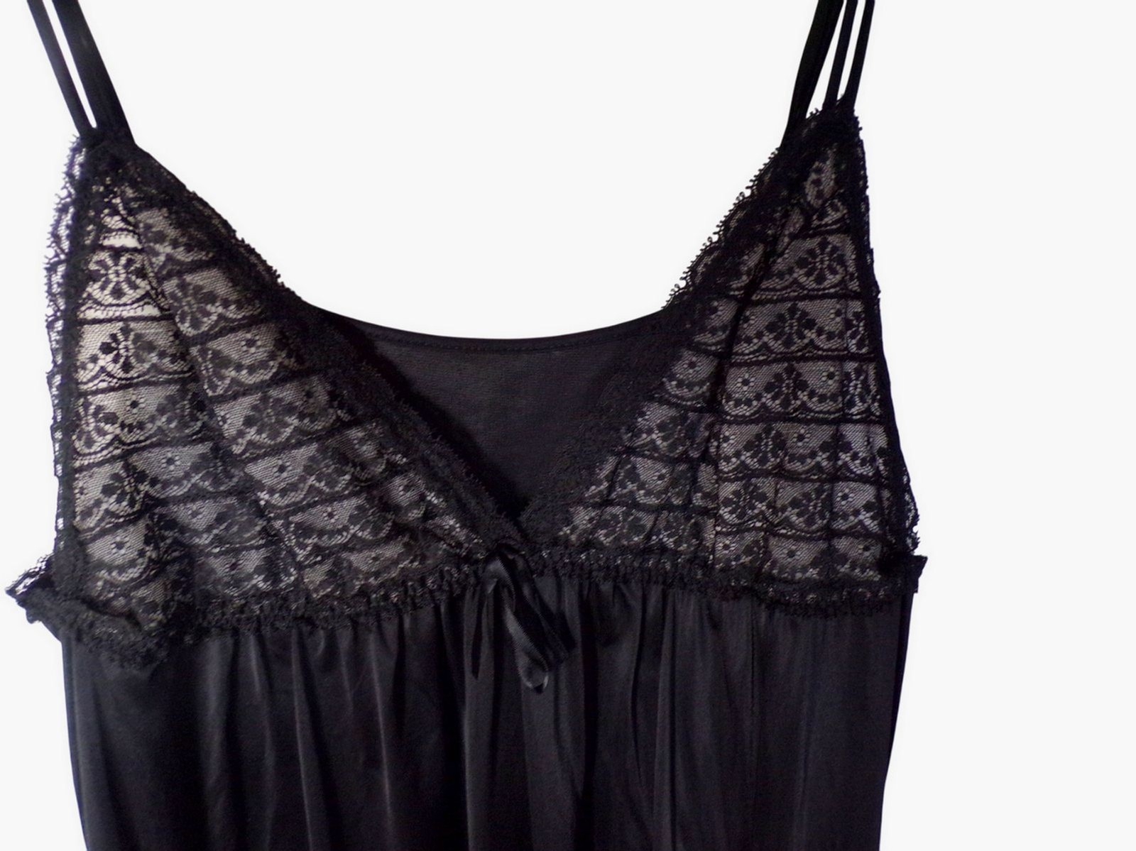 S M Vintage Shadowline Nylon Night Gown Nightgown Empire Waist Sweep Lace 34″