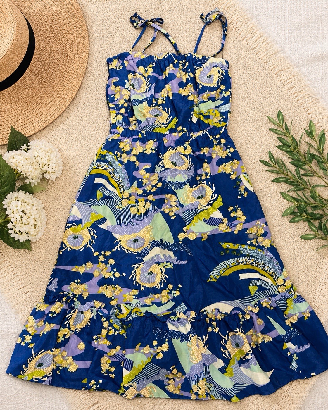 Pomare Hawaii Dress Ruffle Floral Size Medium Blue Retro Summer Tropical