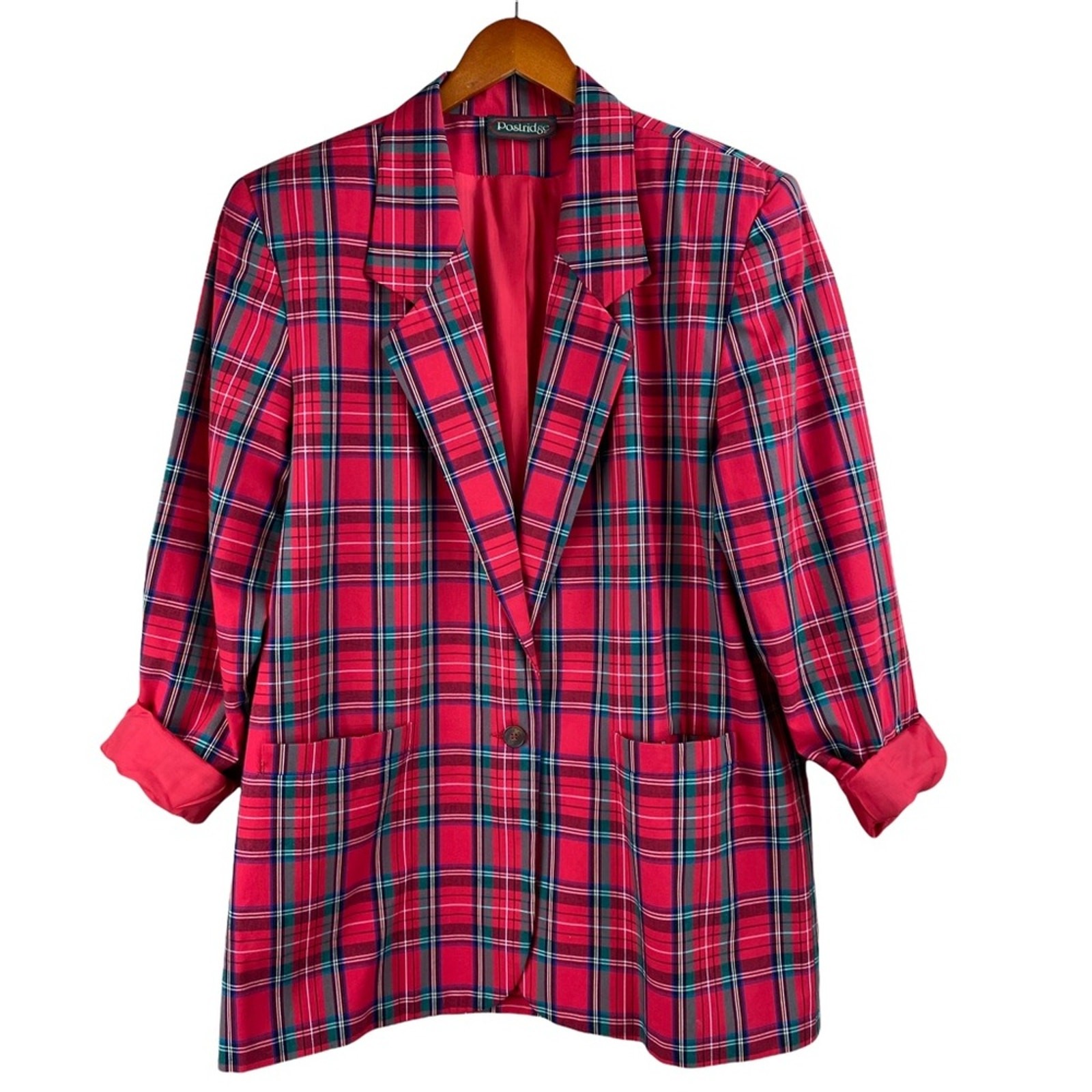 Vintage Red Tatan Plaid 100% Cotton Blazer Jacket Size L Lined Made in USA