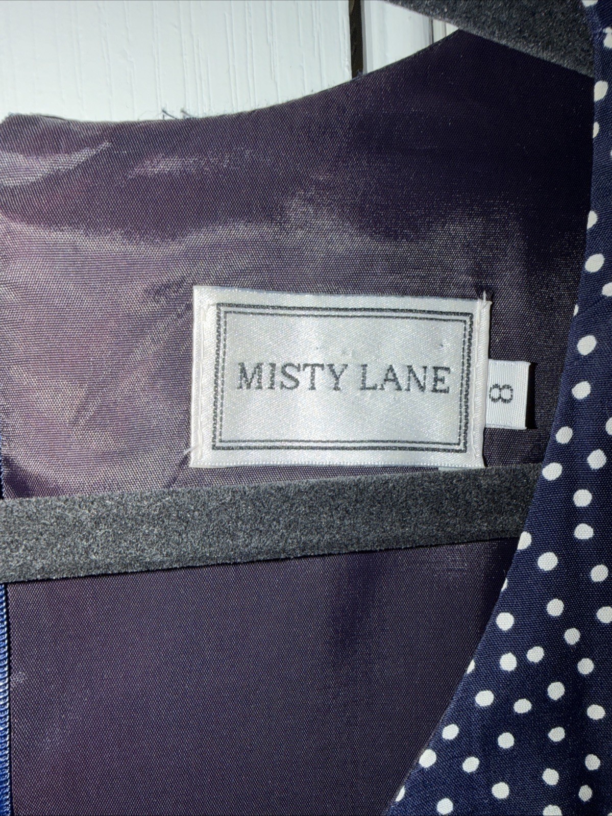 VTG Misty Lane Dress Navy Polka Dot Midi 8 Tie Back 90s Casual Lined Retro USA