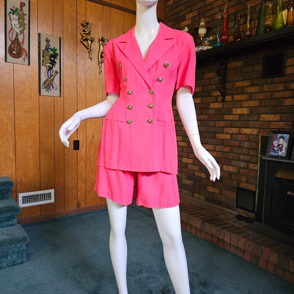 Vtg 80s 90s Girly Pink Power Suit Preppy Shorts Business Medusa Secretary S/M
