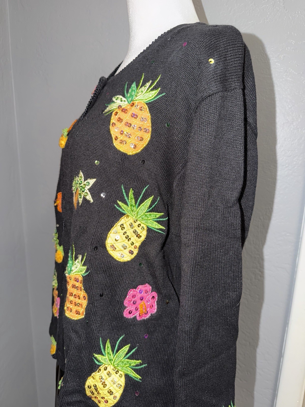 Jack B. Quick Pineapple Cardigan Size Petite Large Tropical Palm Trees 90’s
