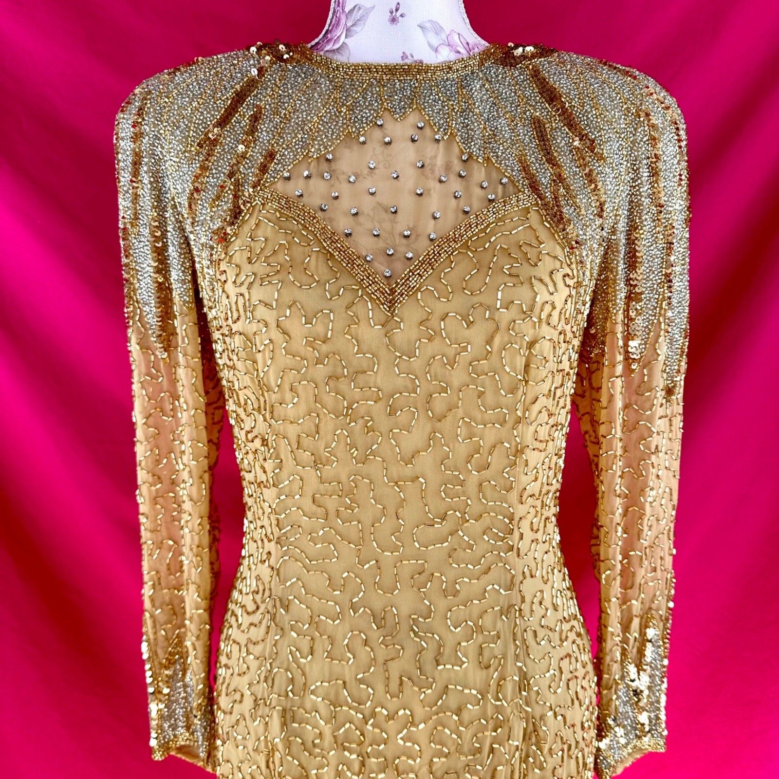 NWT Beaded Sequin Rhinestone Silk Gold Party Midi Dress Oleg Cassini Size 6 NYE