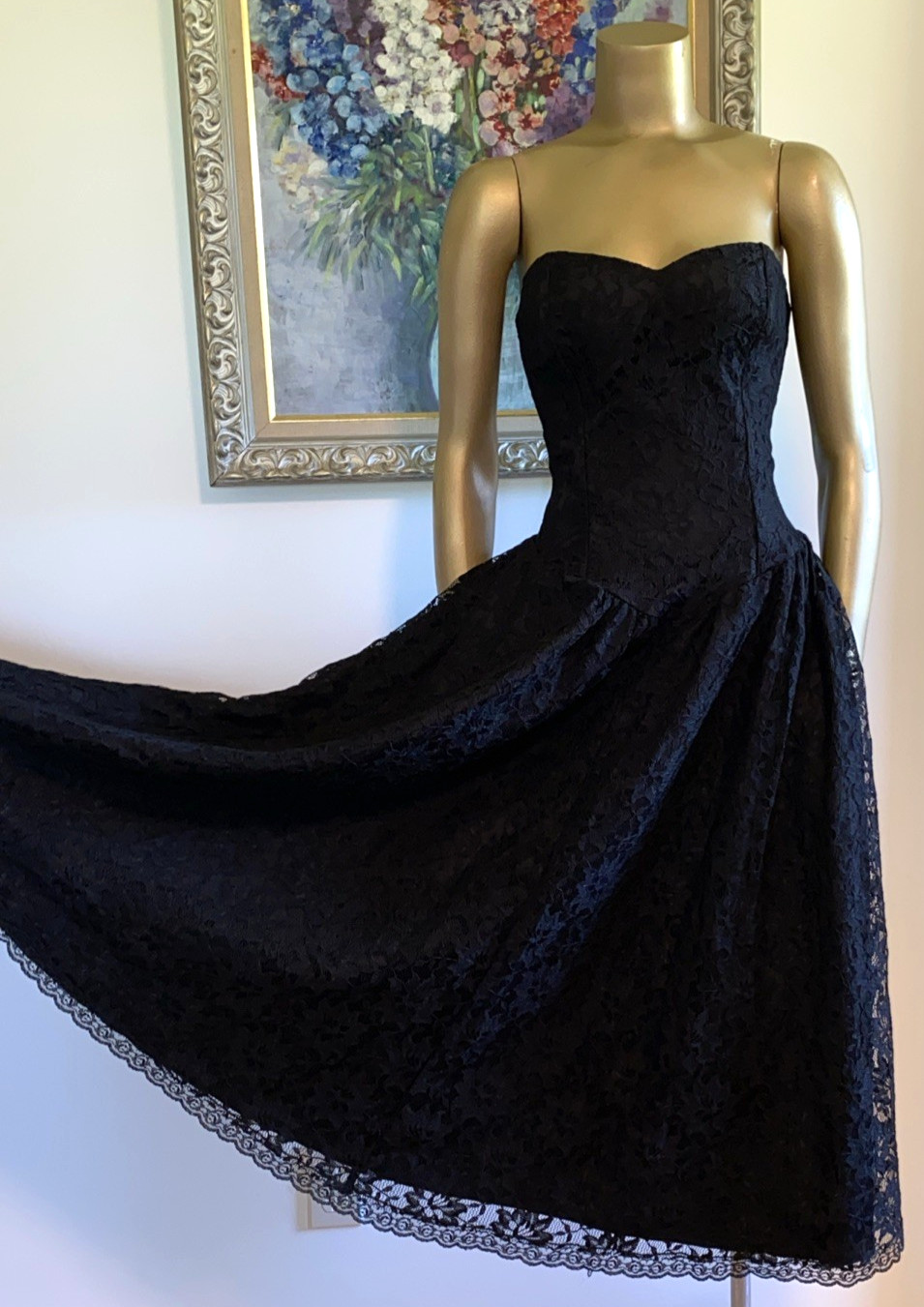VINTAGE 80’s Gorgeous Black Lace Strapless Cocktail Dress M ELLYN Whimsigoth