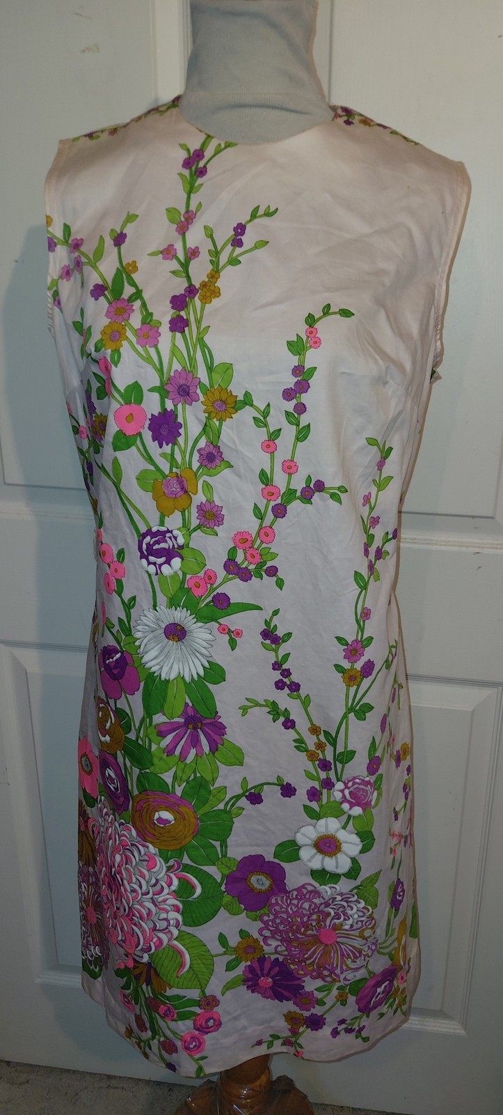 Vintage 60s Pink Floral Cotton Shift Dress Liberty Circle Sleeveless B40