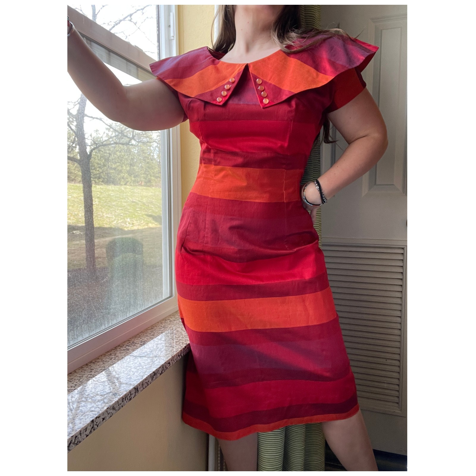 Vintage 50s MCM Red Striped Bombshell Portrait Collar Sheath Dress Handmade M/L
