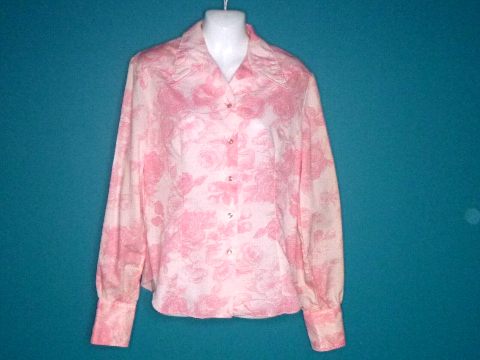 Vtg 70s Lasso Western Wear Pearl Snap Front Shirt Pink Roses Flowers Sz M