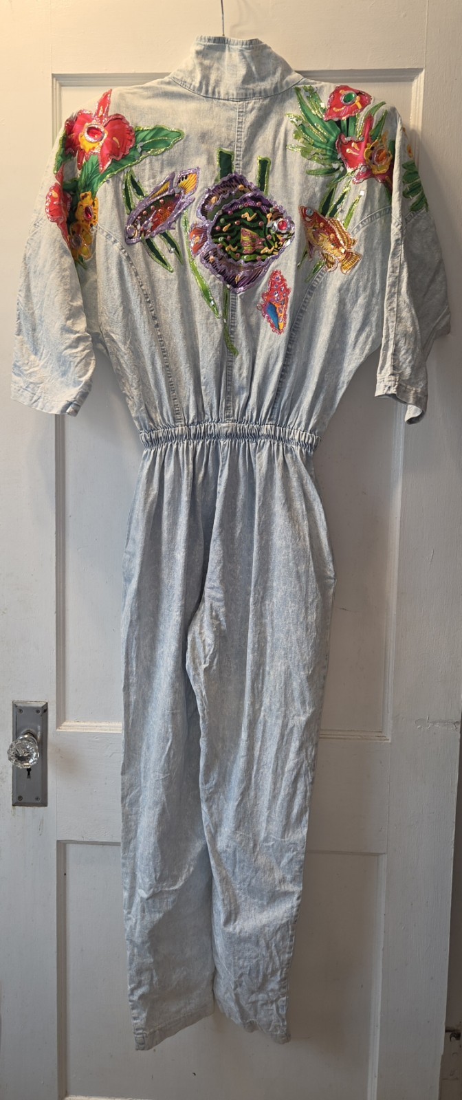 Vintage 80’s OOAK Handpainted Janika Designs Denim Jumpsuit. Fish. Art To Wear M