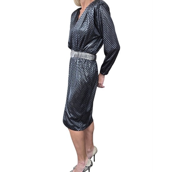 Vintage 80s Taurus Nites Metallic Dress Black Silver Shoulder Pad 6