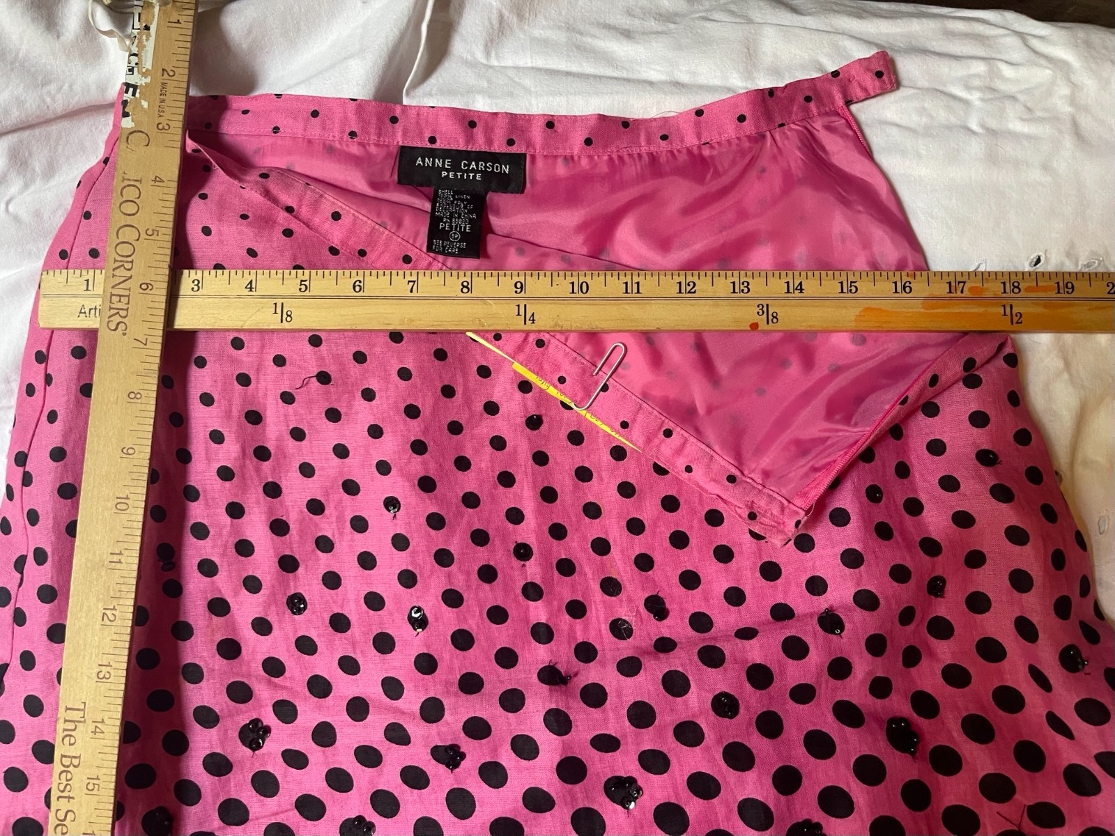 Vintage Pink Skirt SWING great dancing Small linen black polka dots 90’s (A)