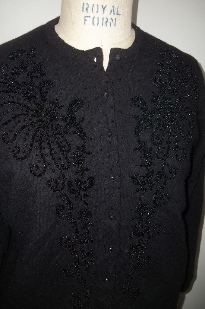 Vintage 50’s Black Beaded Floral Print Cardigan Sweater 44