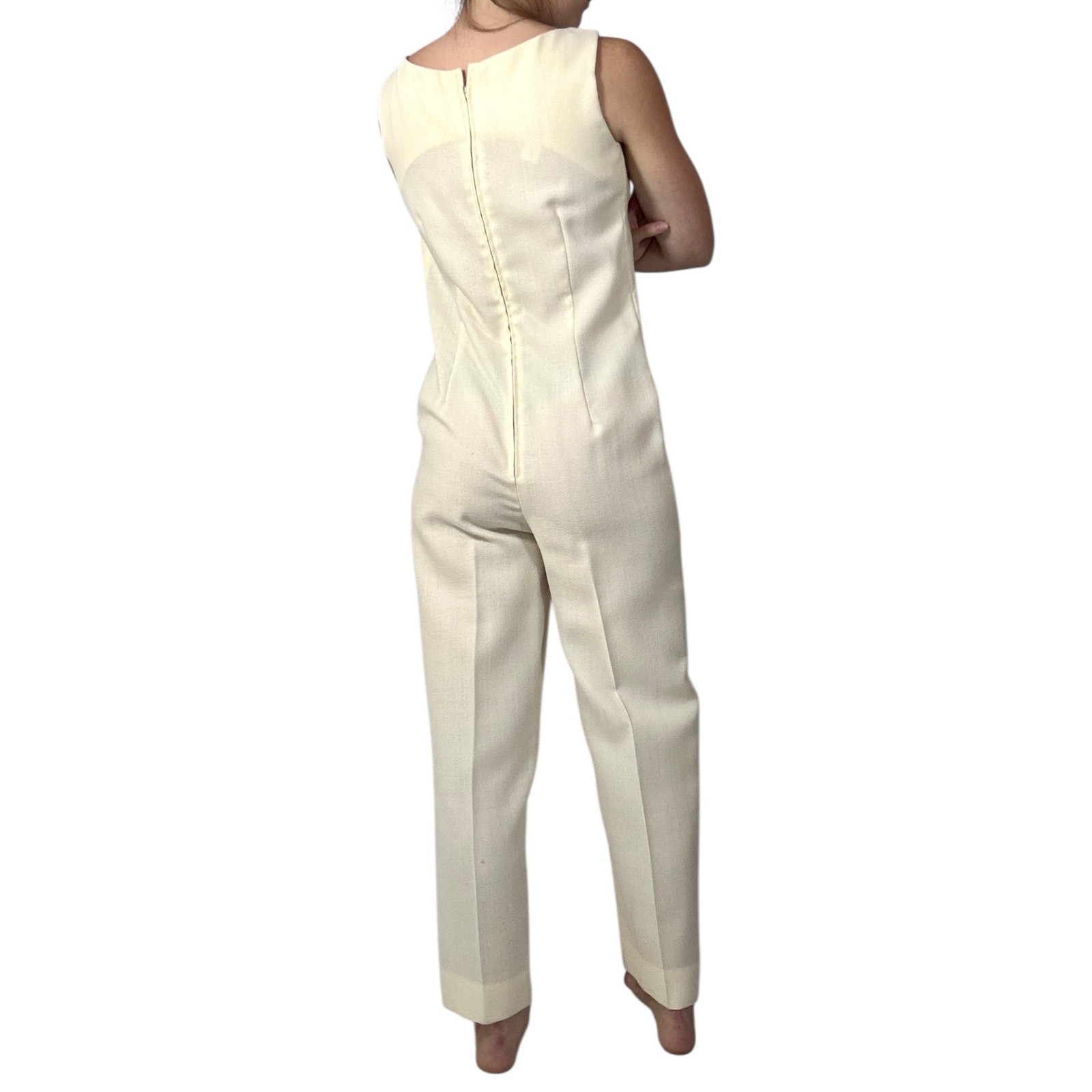 Vintage 1960s White Wool Jumpsuit Peer Label Metallic Gold Polka Dot Cape Mod