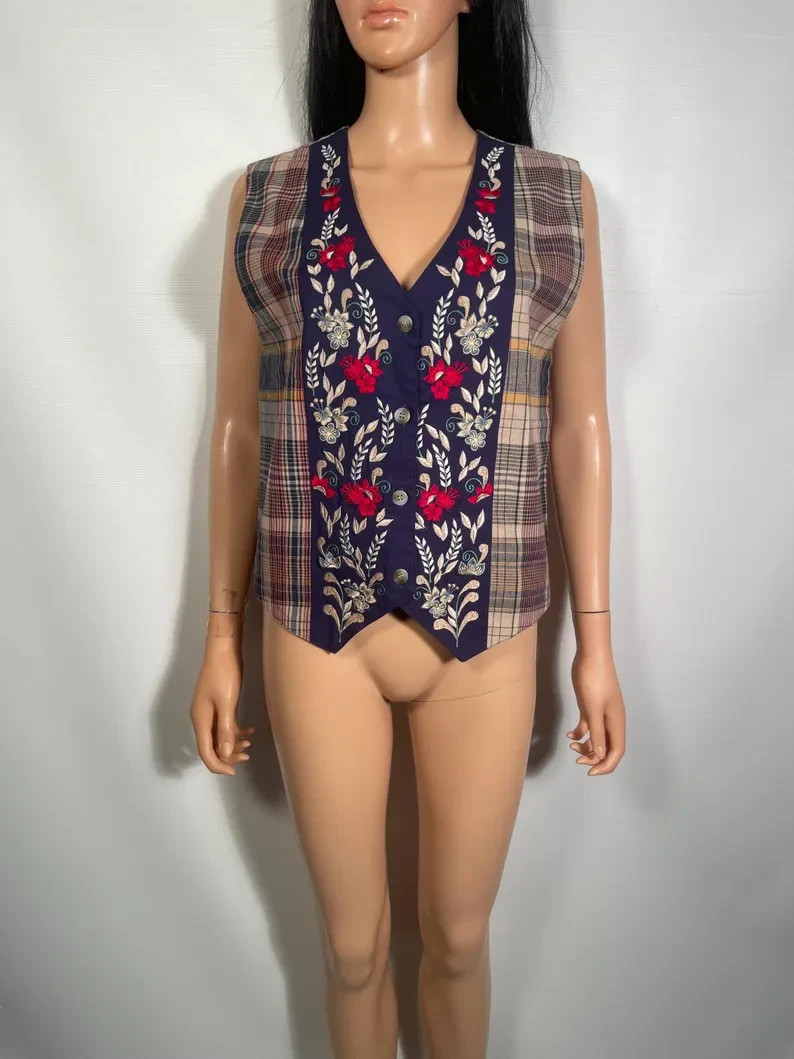 Vintage 1990s Embroidered Floral And Plaid All Cotton Vest Size M