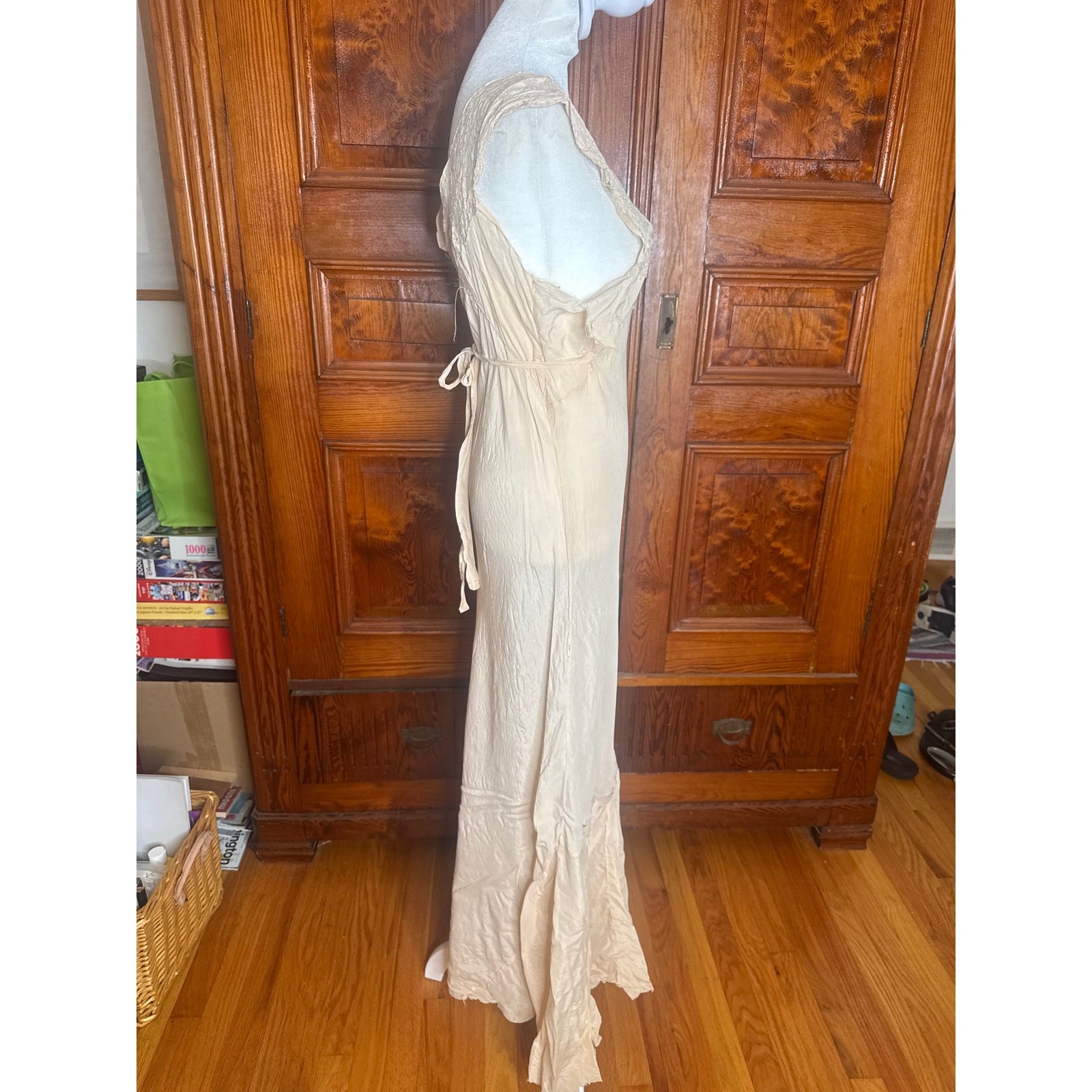 VTG 30s Beige Silk Lace Liquid Bias Cut Maxi Slip Dress Nightgown L As Is