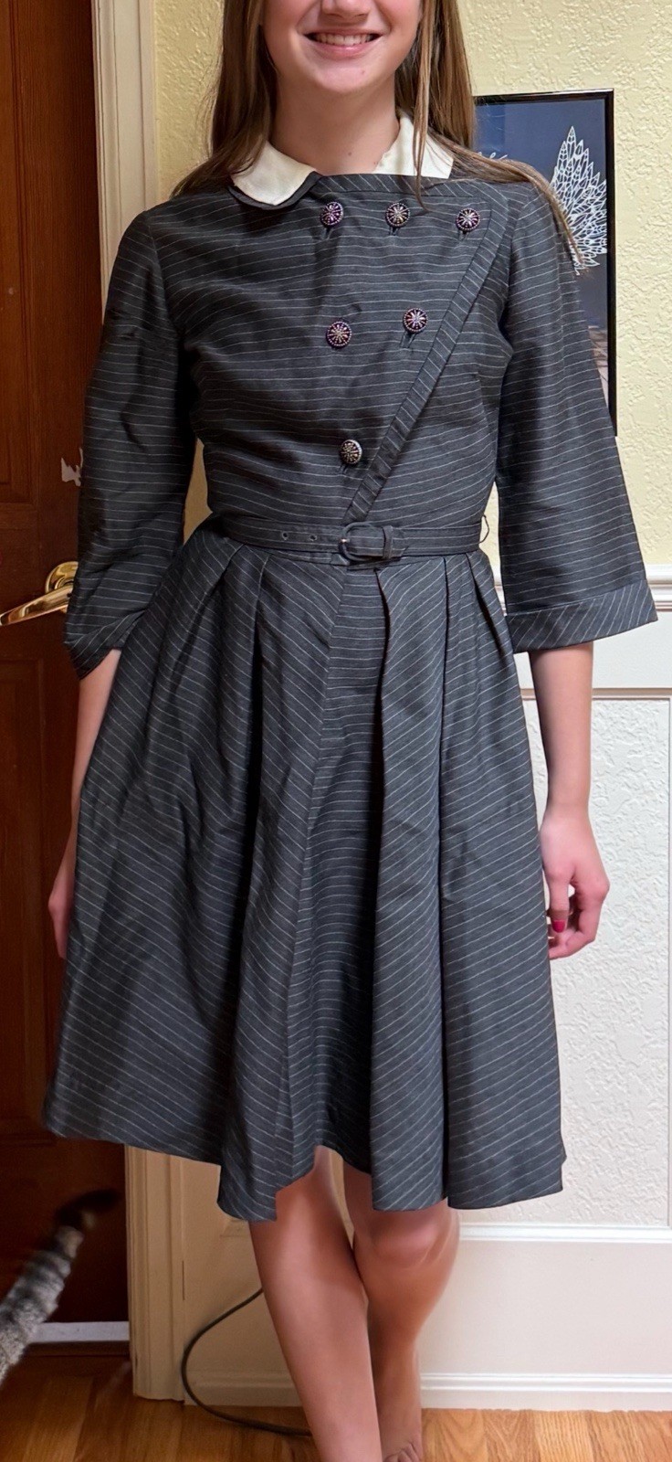 Vintage 1950s Women’s Dress Size 2 Carlye Black Grey Pinstripe