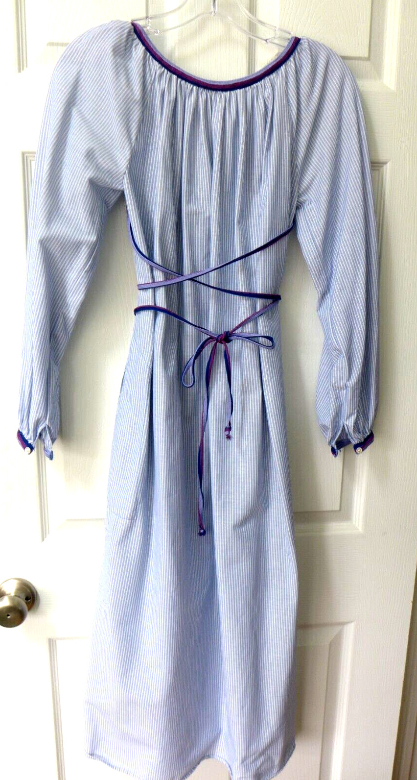 Vintage 1970’s Gil Aimbez Genre Blue White Striped Cotton Purple Braid Dress 6
