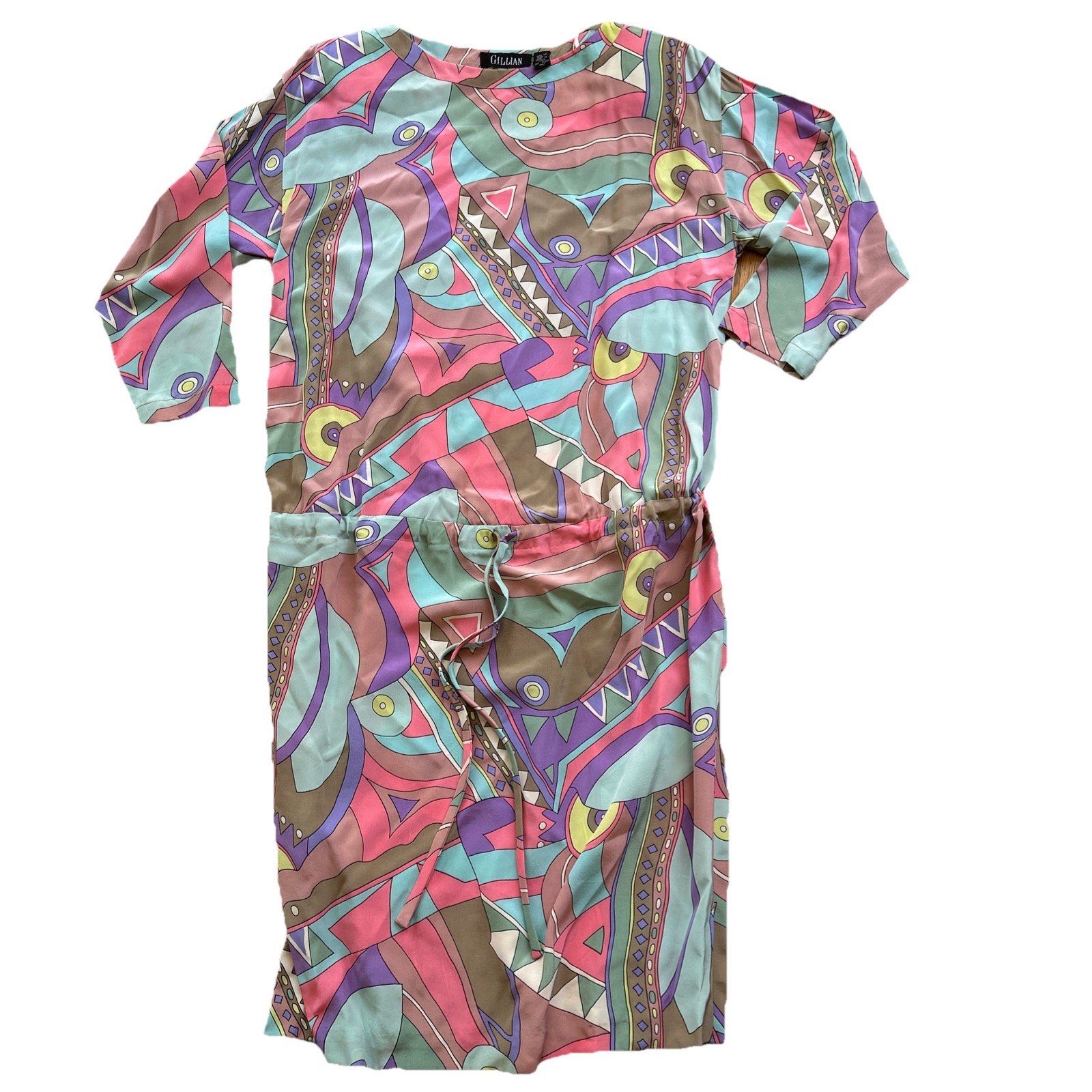 GILLIAN Abstract Geometric Colorful Silk Atomic Mod Artsy Statement Dress Sz 12