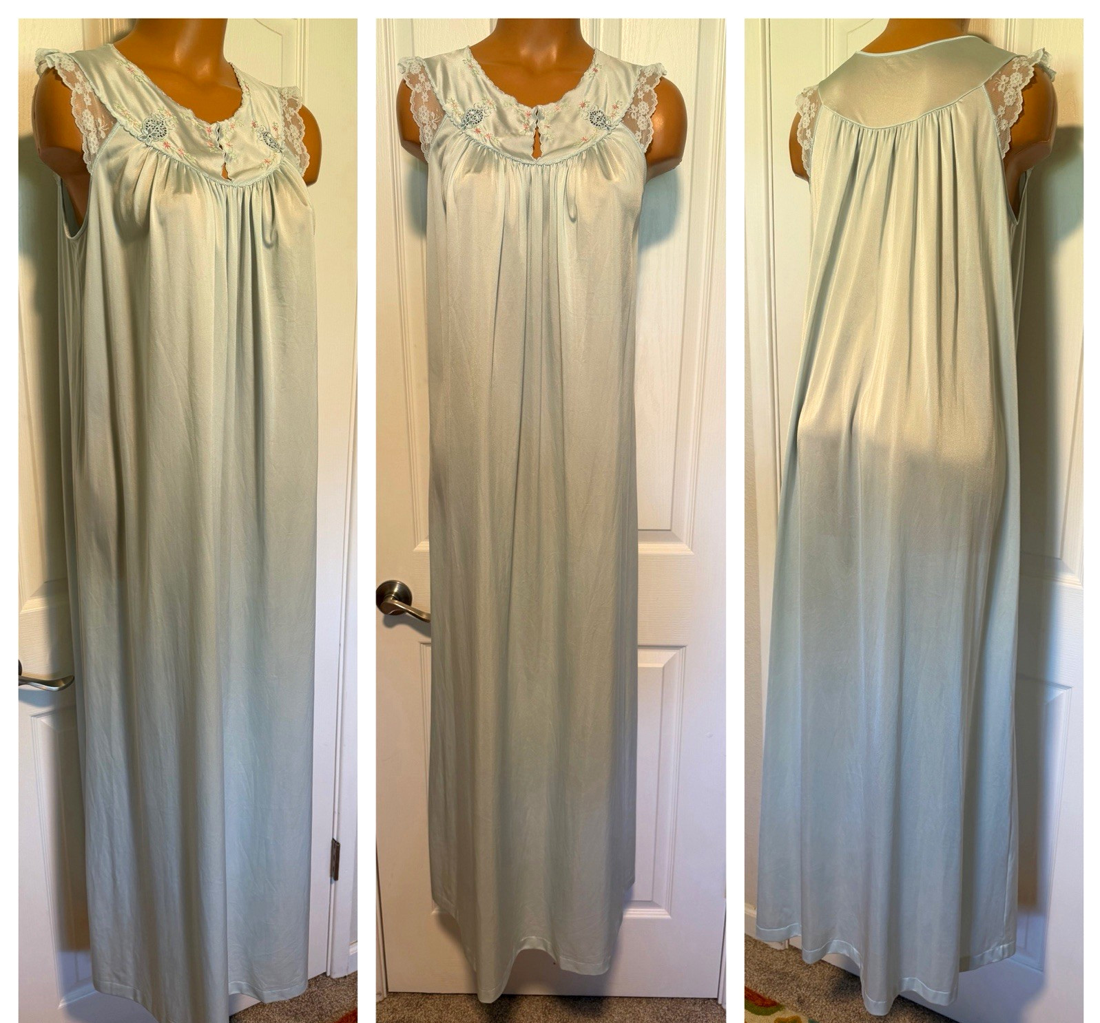 VTG 70’s SHADOWLINE SOFT BLUE W/ EMBROIDERED YOKE & LACE TRIM NIGHTGOWN SZ S
