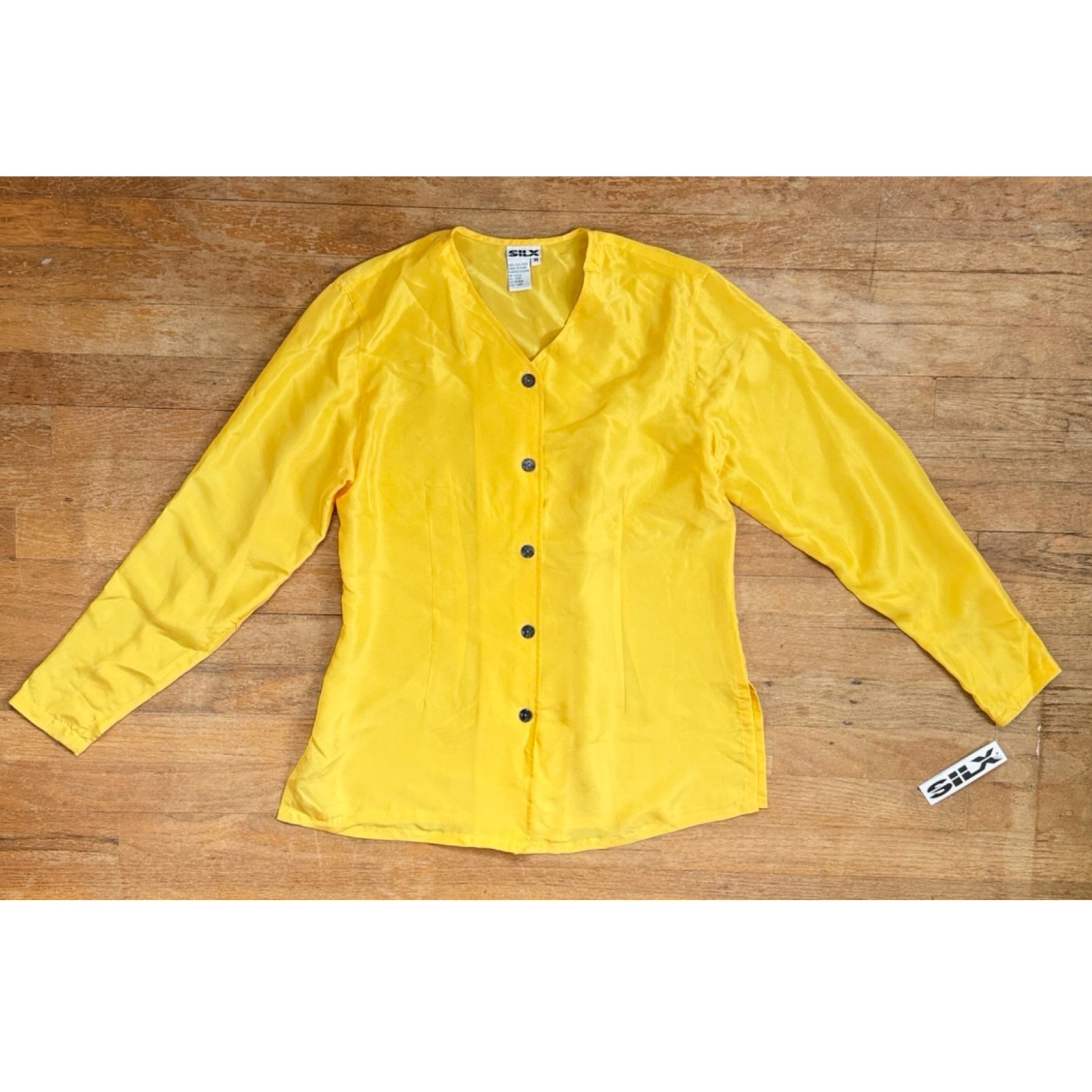 Vintage Bright Yellow Silk Blouse Size Medium Silx Washable Button Up Top Shirt