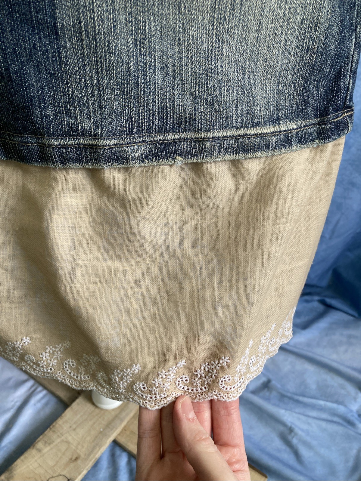 PLATINUM PLUSH 90s Y2K Denim Layered Skirt 6313 Embroidered Distressed Boho NOS