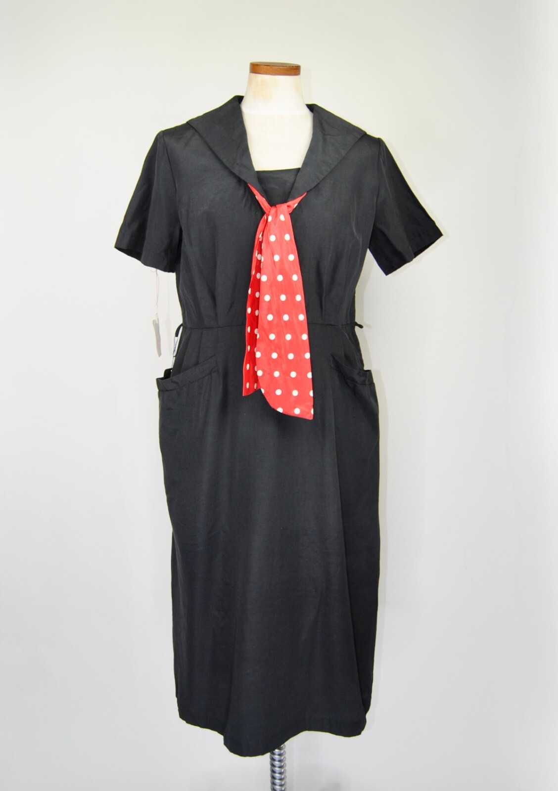 1950s Vintage Pat Perkins New Old Stock Black Dress with Red Polkadot Scarf – XL
