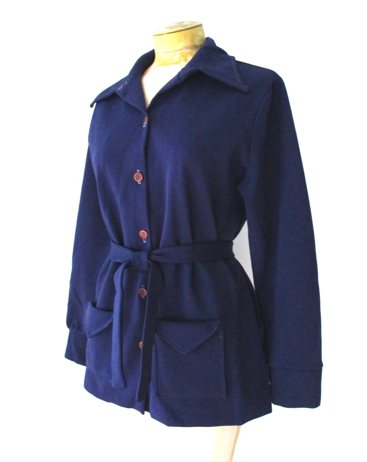 Vtg 70s Blue Textured Poly Knit Button Blouse Top Tie Belt Pockets Dagger Clr 18