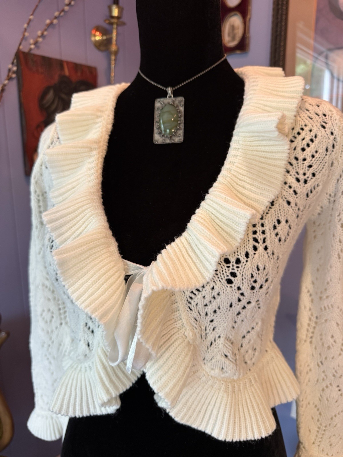 Vintage 90s/Y2K Amy Byer Coquette Cropped Crochet Ruffle Romantic Cardigan Sm