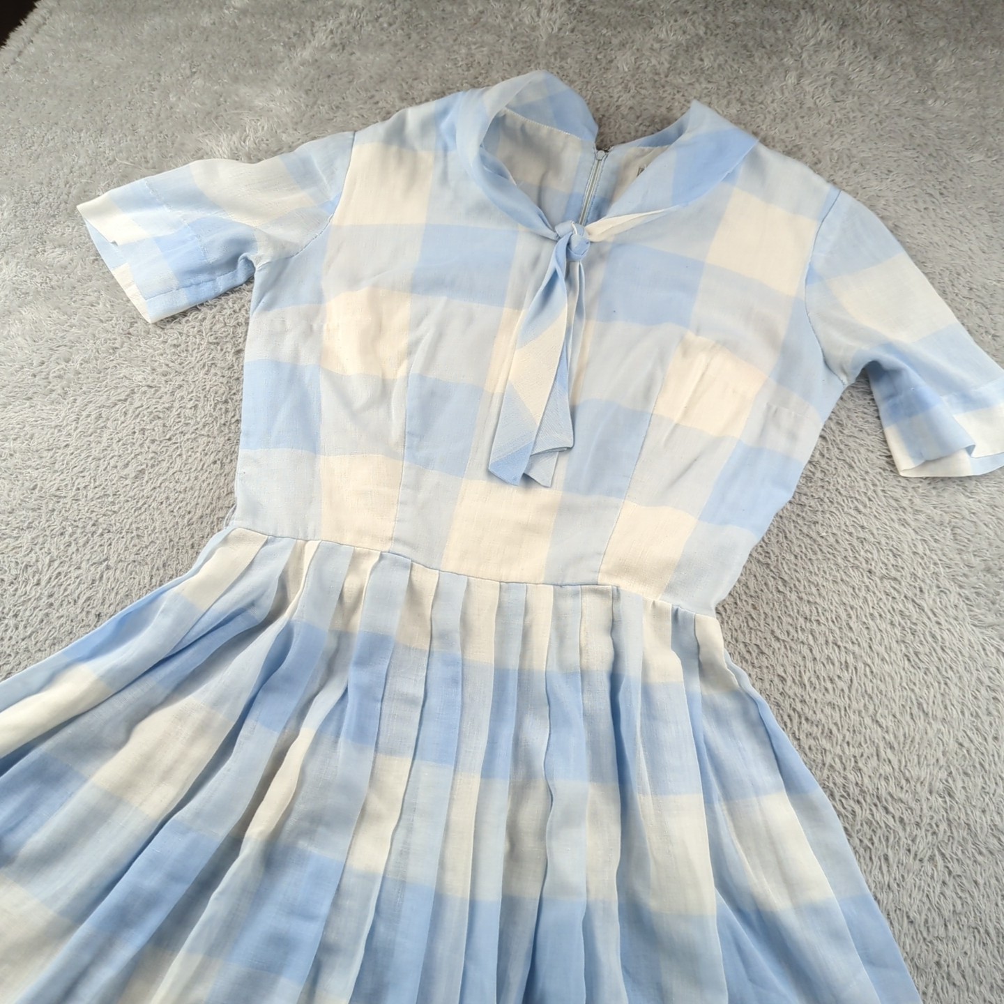 Vintage Jeanne Durrell Dallas Dress Womens Blue White Prairie Pleated Modest